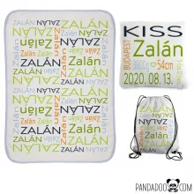 KIS CSOMAG "nevezz el" mintával: babatakaró + párna+ tornazsák, több szín
