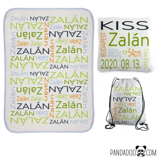 KIS CSOMAG "nevezz el" mintával: babatakaró + párna+ tornazsák, több szín