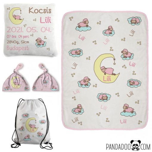 KÖZEPES CSOMAG báránykás mintával: babatakaró + párna + sapka +  tornazsák, több szín