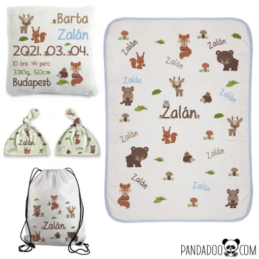 KÖZEPES CSOMAG erdős mintával: babatakaró + párna + sapka +  tornazsák, több szín