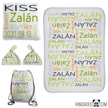 KÖZEPES CSOMAG "nevezz el" mintával: babatakaró + párna + sapka +  tornazsák, több szín
