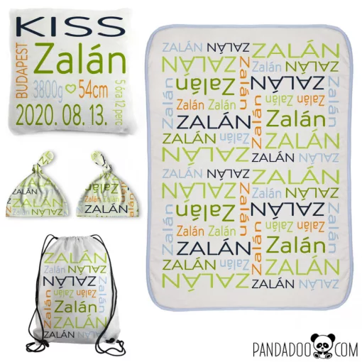 KÖZEPES CSOMAG "nevezz el" mintával: babatakaró + párna + sapka +  tornazsák, több szín
