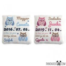 Baglyocskák párna névvel és születési adatokkal (több színben)