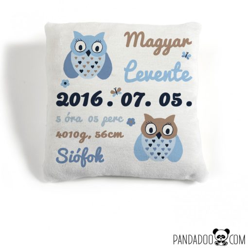 Baglyocskák párna névvel és születési adatokkal (több színben)