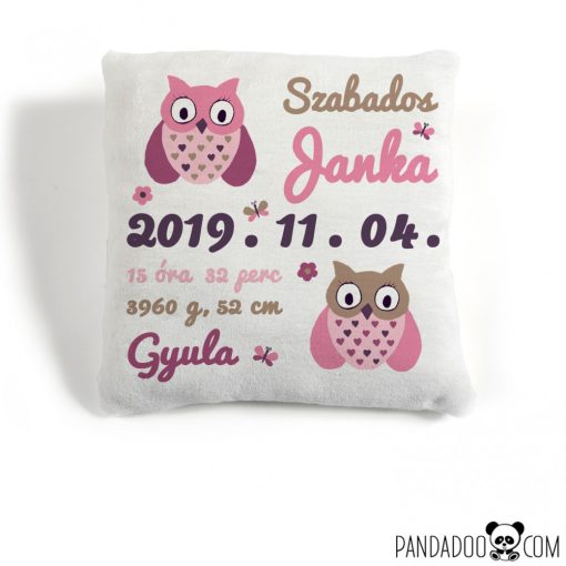Baglyocskák párna névvel és születési adatokkal (több színben)