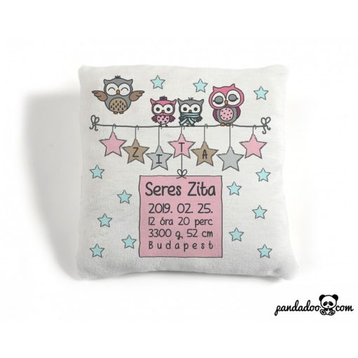Csillagos baglyos párna névvel és születési adatokkal (több színben)