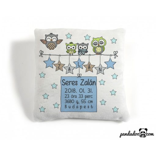 Csillagos baglyos párna névvel és születési adatokkal (több színben)