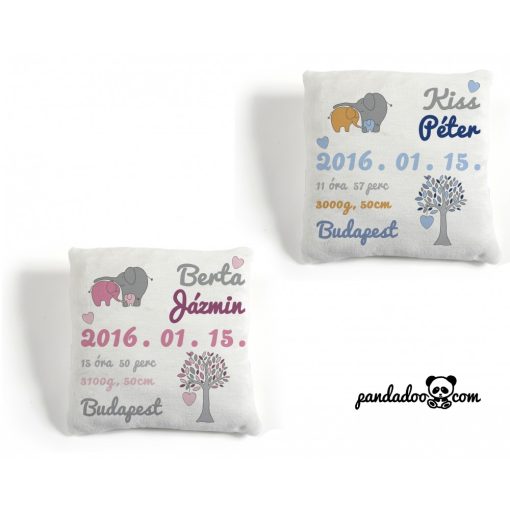 Elefántok párna névvel és születési adatokkal (több színben)