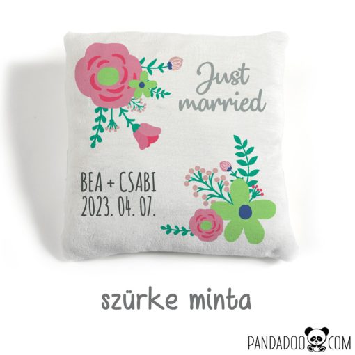 Esküvői ajándék párna - just married, nevekkel, dátummal