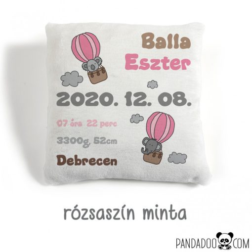 Hőllégballonos párna születési adatokkal, több színben